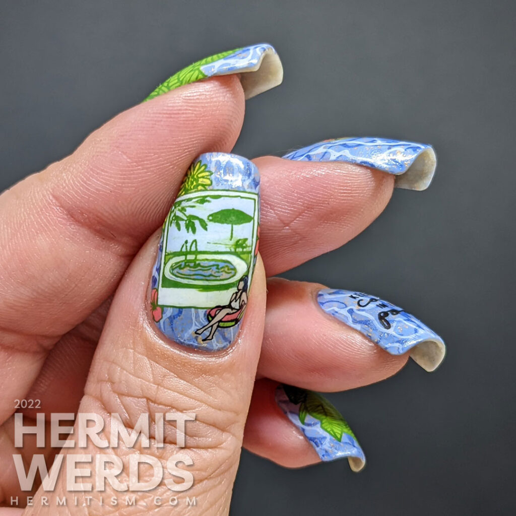 A cool blue pool party mani with stamping images of watermelon floats and ladies relaxing at a pool surrounded by giant palm fronds.