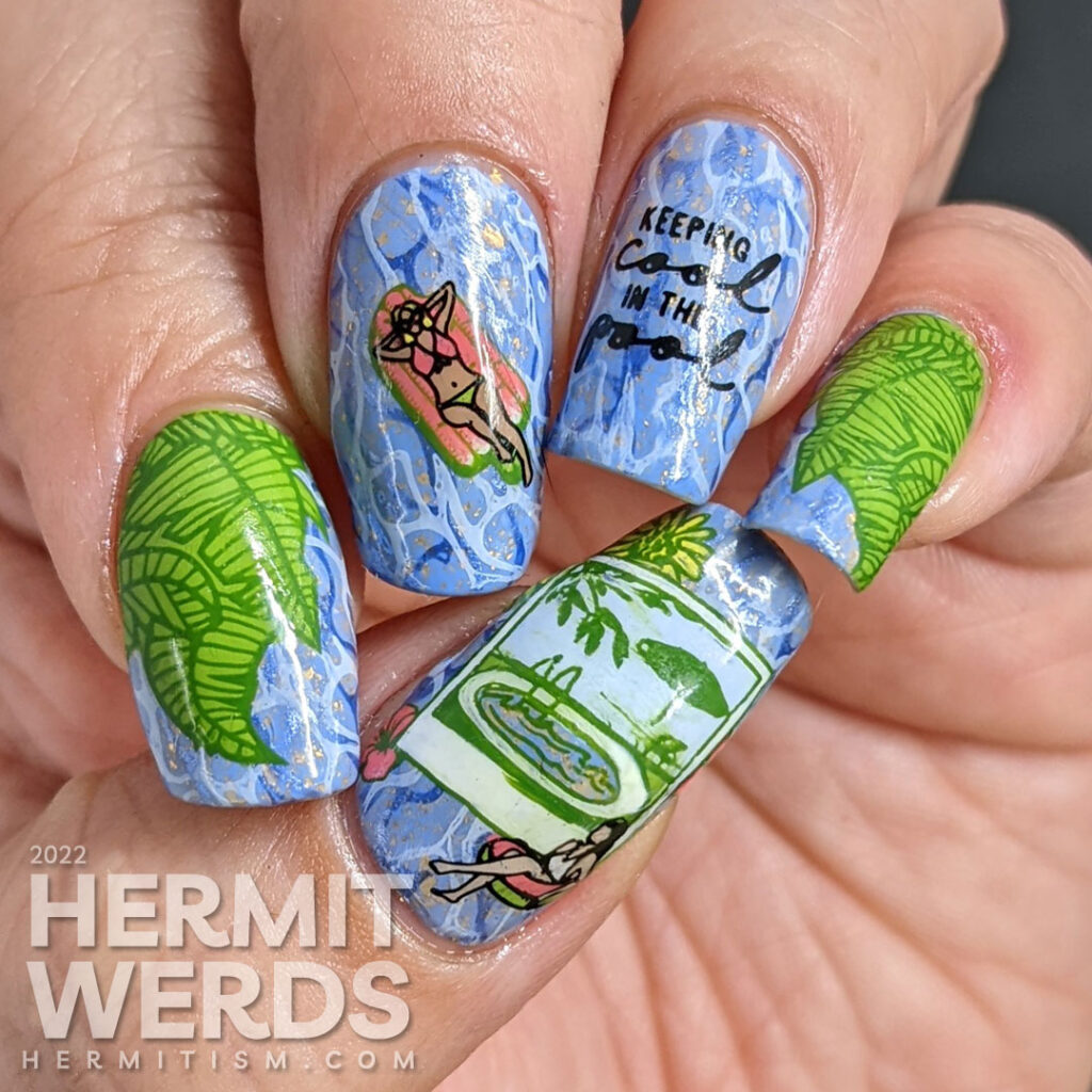 A cool blue pool party mani with stamping images of watermelon floats and ladies relaxing at a pool surrounded by giant palm fronds.