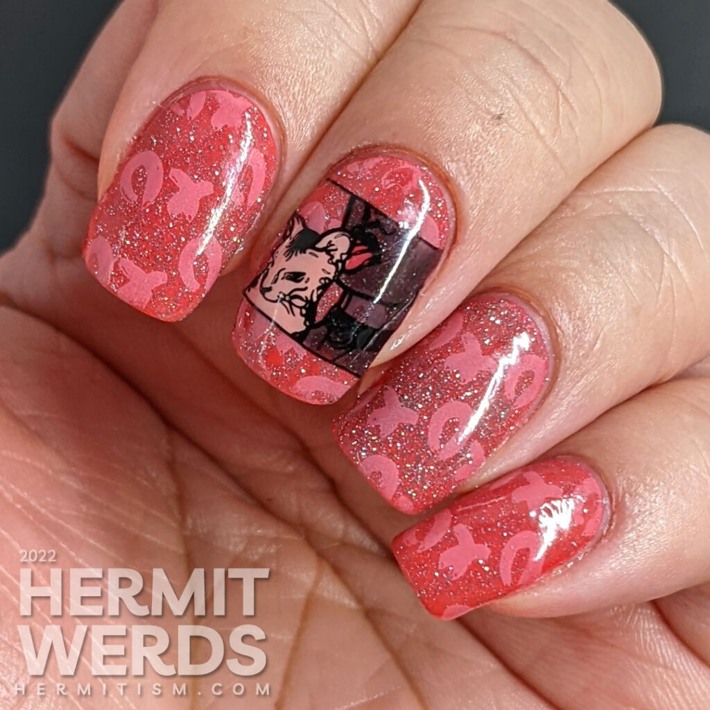 A silly dark coral nail art with lots of "XOXO" nail stamps and an image of a lady licking her kitty cat. Is it love or revenge?