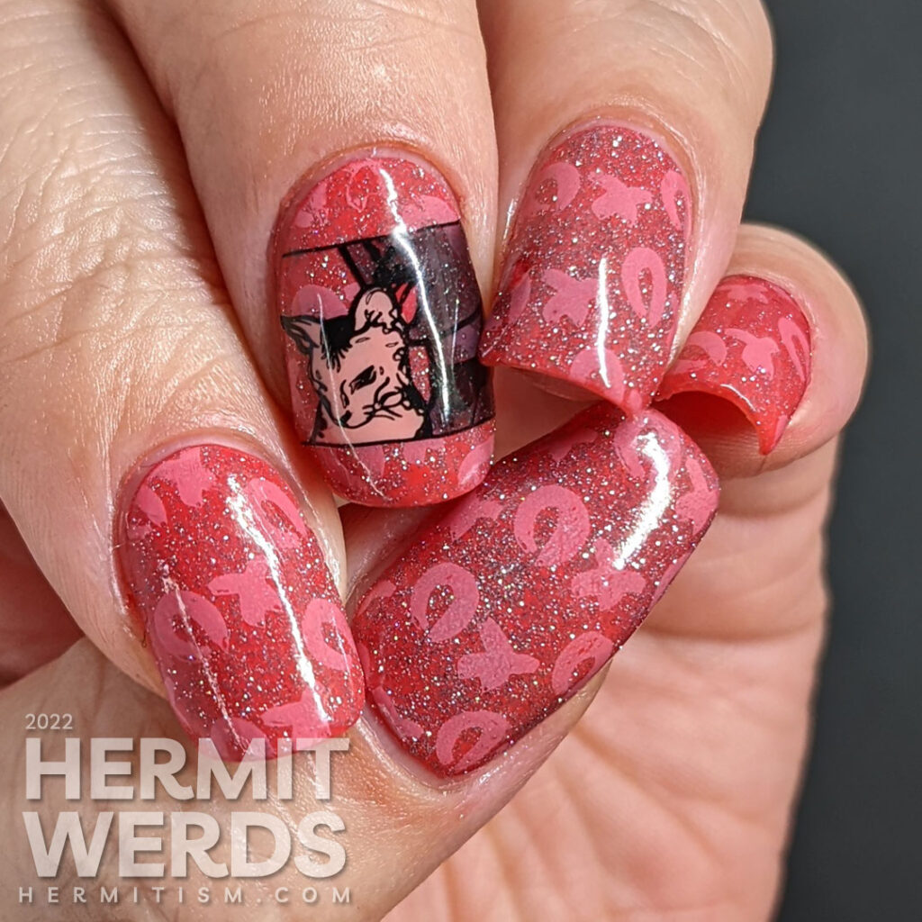 A silly dark coral nail art with lots of "XOXO" nail stamps and an image of a lady licking her kitty cat. Is it love or revenge?