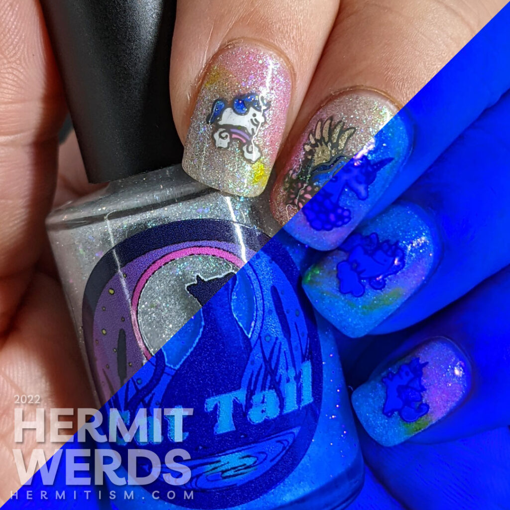A glittery silver base polish with an alcohol ink rainbow and reverse stamping decals of cute frolicking alicorns and unicorns. Glow in the dark.