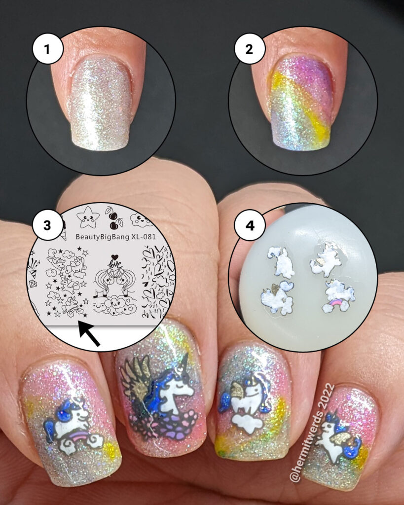 A mini tutorial for a glittery silver base polish covered in an alcohol ink rainbow and reverse stamping decals of cute frolicking alicorns and unicorns