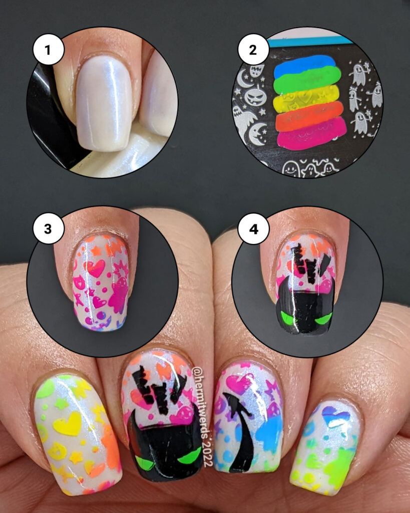 A mini tutorial for a kawaii Halloween / devil nail art with a neon rainbow gradient background stamp and demon stamping decal.