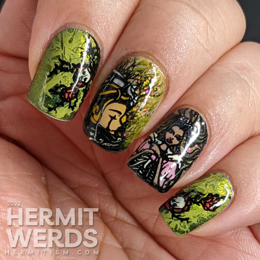 A glitzy Sleeping Beauty nail art with stamping decals of a castle buried in thorns, thorns, lady knight, and the princess (aurora).