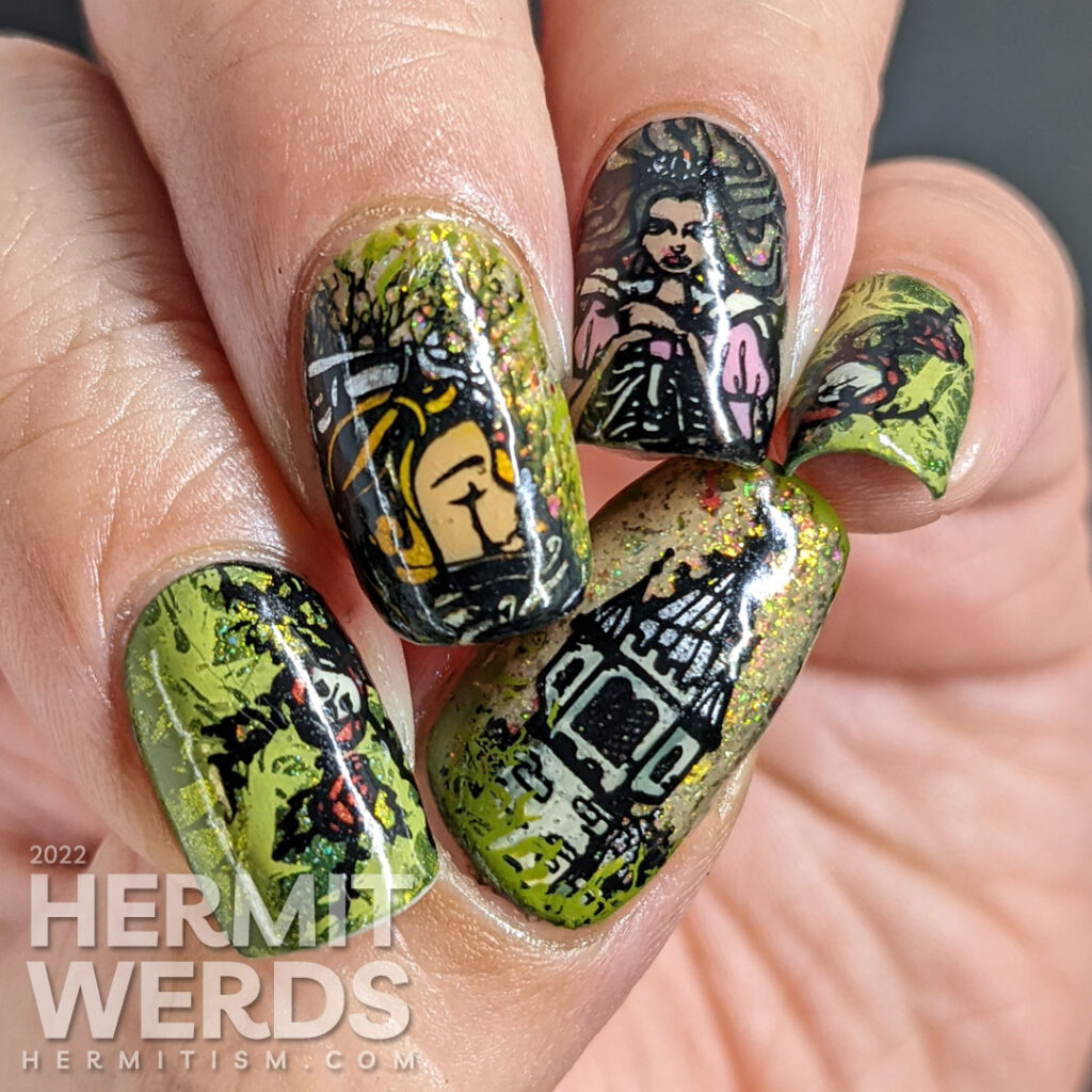 A glitzy Sleeping Beauty nail art with stamping decals of a castle buried in thorns, thorns, lady knight, and the princess (aurora).