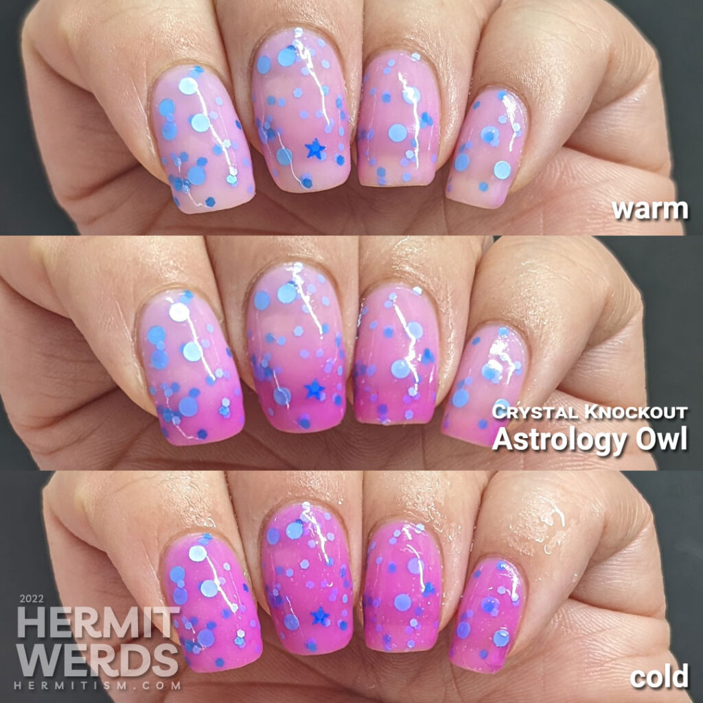 Crystal Knockout's "Astrology Owl" warm/cold swatch comparison of the pink to white thermal with pink/purple/blue glitter and navy stars.Crystal Knockout's "Astrology Owl" warm/cold swatch comparison of the pink to white thermal with pink/purple/blue glitter and navy stars.