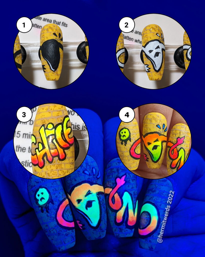 A mini tutorial showing how to paint freehand graffiti nail art with neon paints.