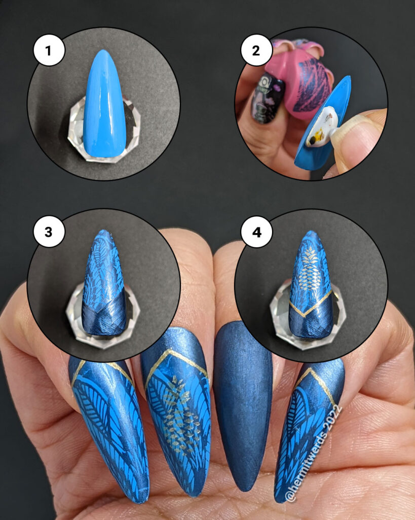 A mini tutorial for a blue nail art with golden pineapples on stiletto falsies w/an art deco lace pattern stamped in the background and half moons.