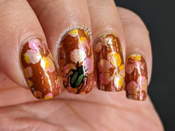 Tropical nail art with a solar polish smoosh marble base, negative space hibiscus flowers, and reverse stamping green beetles on top.