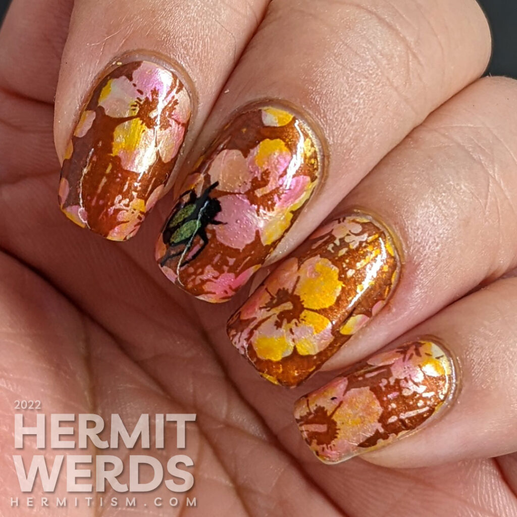 Tropical nail art with a solar polish smoosh marble base, negative space hibiscus flowers, and reverse stamping green beetles on top.