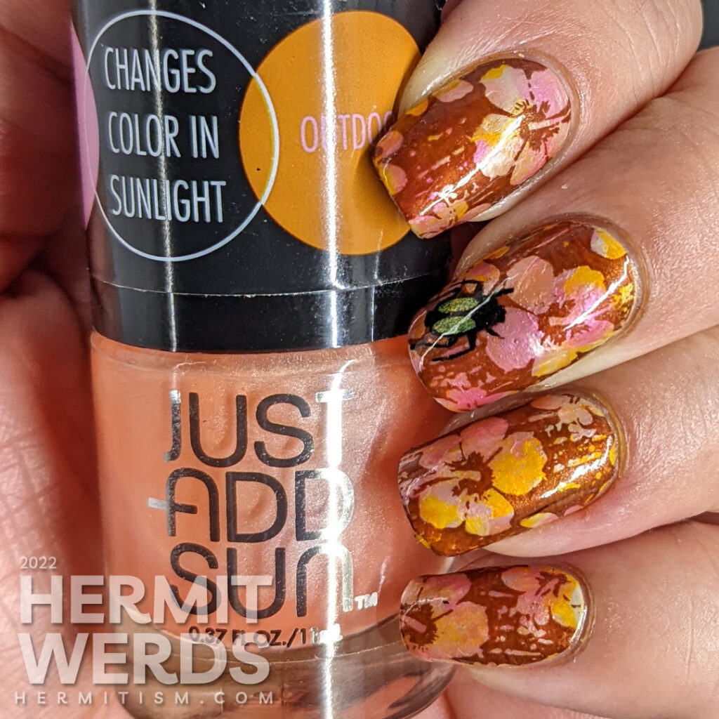 Tropical nail art with a solar polish smoosh marble base, negative space hibiscus flowers, and reverse stamping green beetles on top.