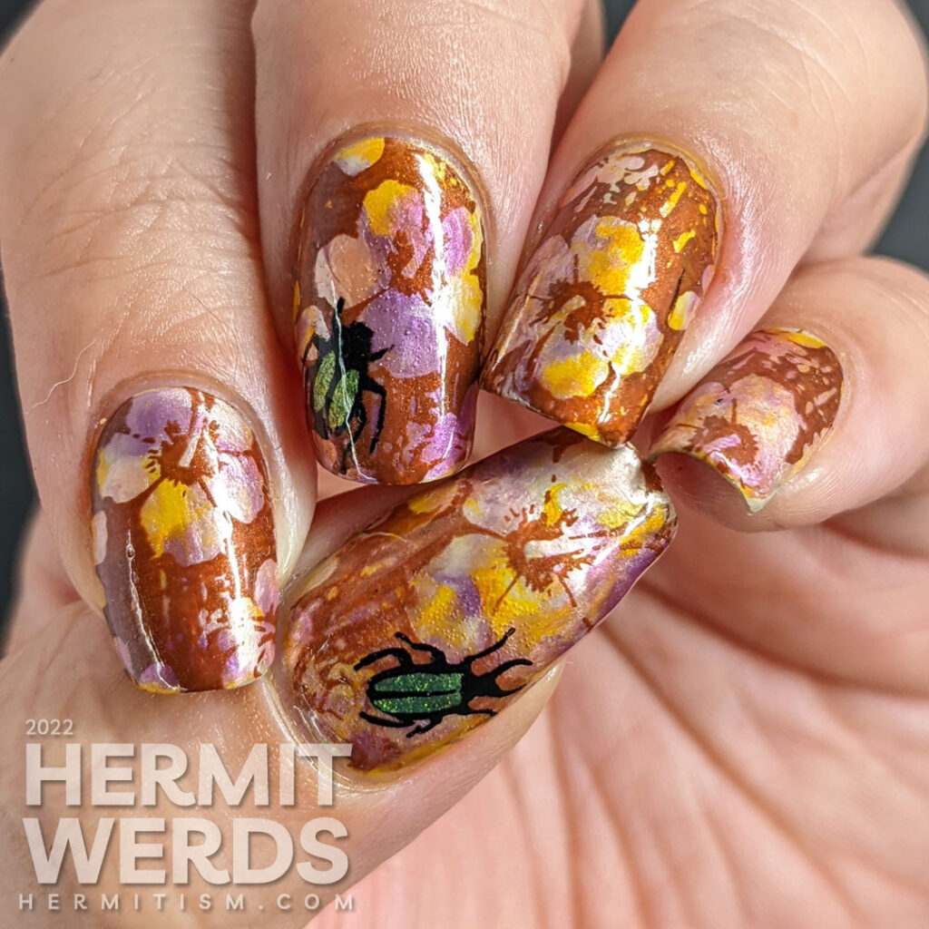 Tropical nail art with a solar polish smoosh marble base, negative space hibiscus flowers, and reverse stamping green beetles on top.