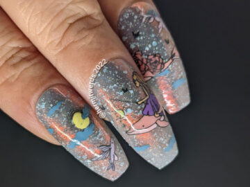 Sturgeon Moon nail art with flying fish and a pink dolphin guided by a girl on a magical journey across a shifty pink and grey sky.