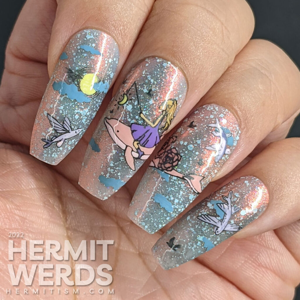 Sturgeon Moon nail art with flying fish and a pink dolphin guided by a girl on a magical journey across a shifty pink and grey sky.