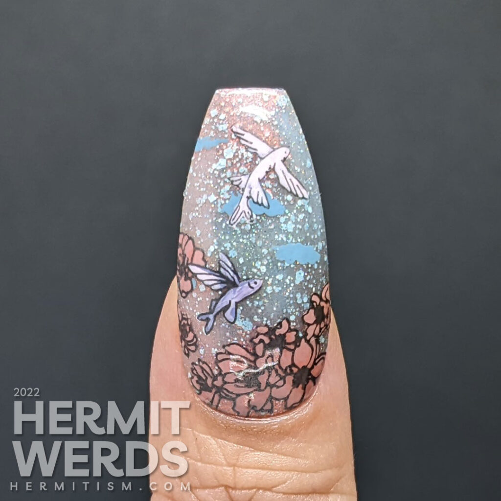 Sturgeon Moon nail art with flying fish and a pink dolphin guided by a girl on a magical journey across a shifty pink and grey sky.