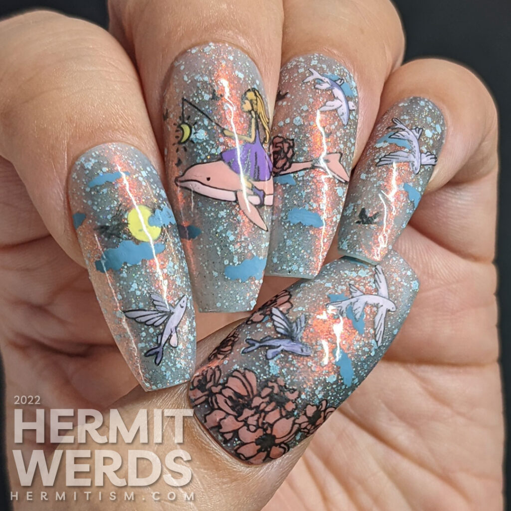Sturgeon Moon nail art with flying fish and a pink dolphin guided by a girl on a magical journey across a shifty pink and grey sky.