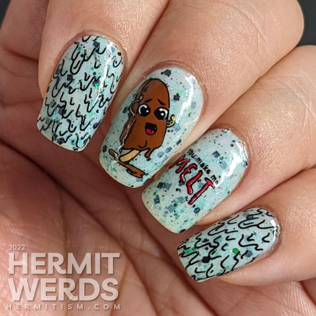 Summer nail art with melting popsicles and ice cream stamping decals on top of a crelly that resembles chocolate mint ice cream.