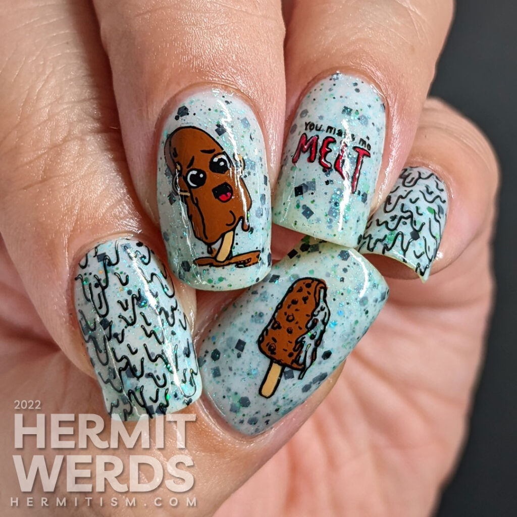 Summer nail art with melting popsicles and ice cream stamping decals on top of a crelly that resembles chocolate mint ice cream.