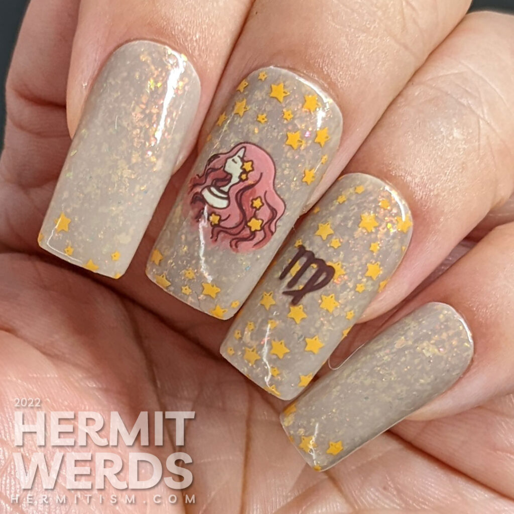 Virgo nail art starting with a greige crelly base polish and nail stamping of tiny yellow stars, a Virgo girl, and a winged planet Mercury.