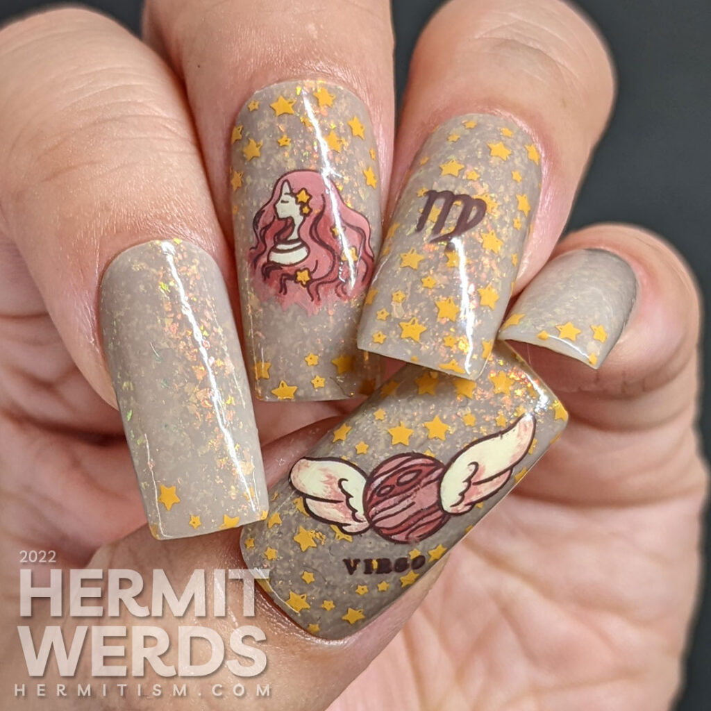 Virgo nail art starting with a greige crelly base polish and nail stamping of tiny yellow stars, a Virgo girl, and a winged planet Mercury.