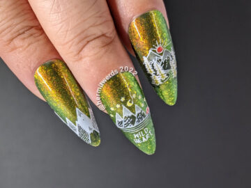 A camping nail art with stamping images that progress through leaving the city to go camping in the mountains on a shifty olive base polish.