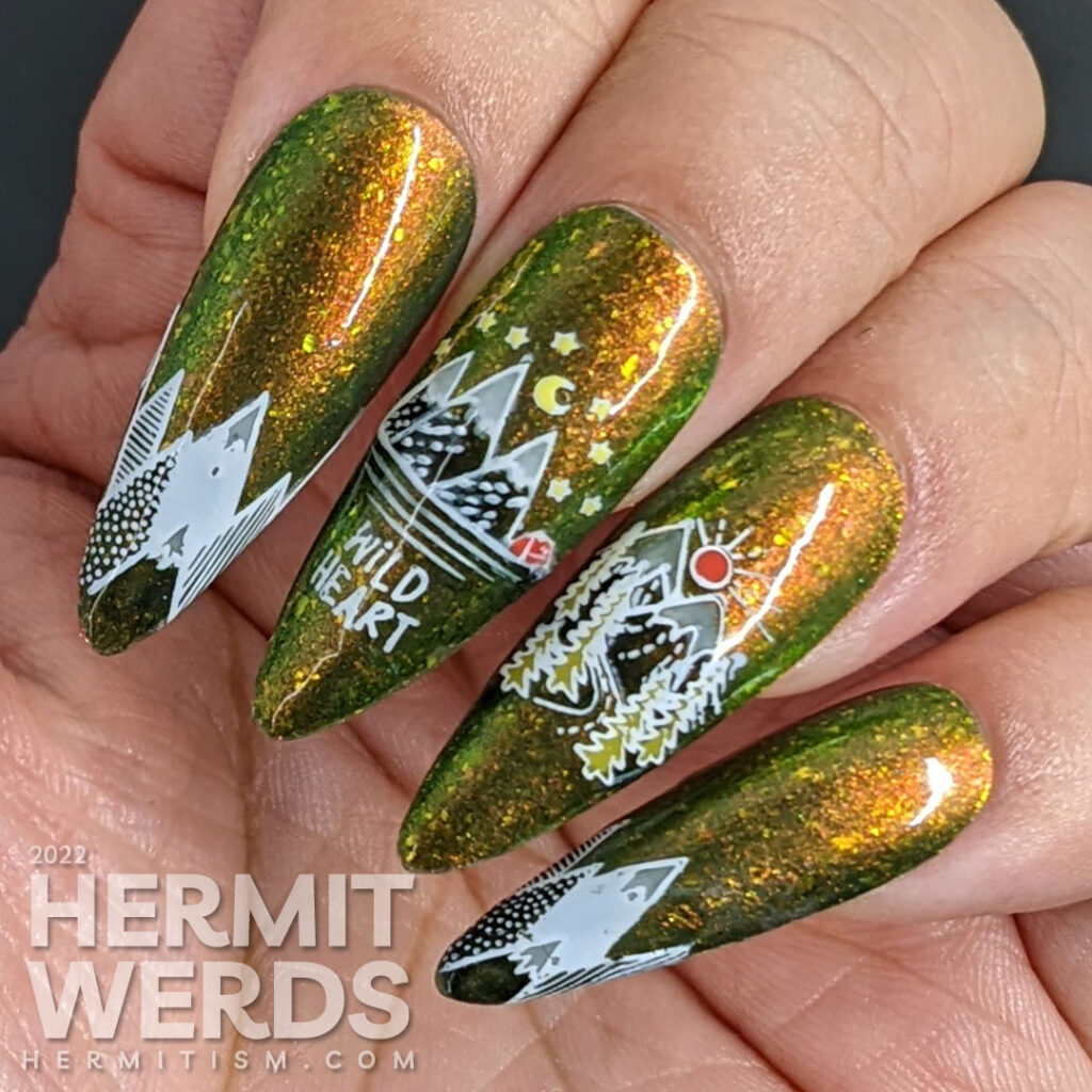 A camping nail art with stamping images that progress through leaving the city to go camping in the mountains on a shifty olive base polish.