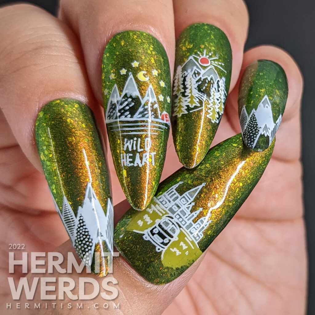 A camping nail art with stamping images that progress through leaving the city to go camping in the mountains on a shifty olive base polish.