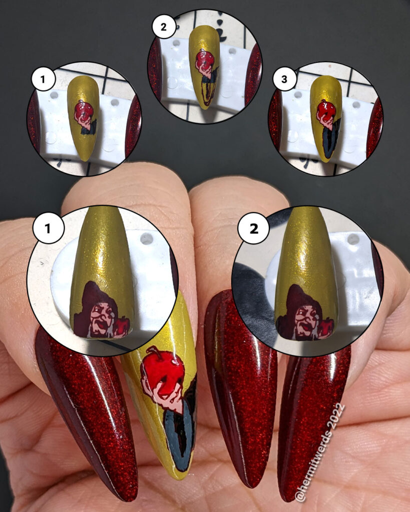 A mini tutorial for extending a stamping image with freehand painting so that it fits a larger nail with the witch-y Evil Queen and her poison apple.