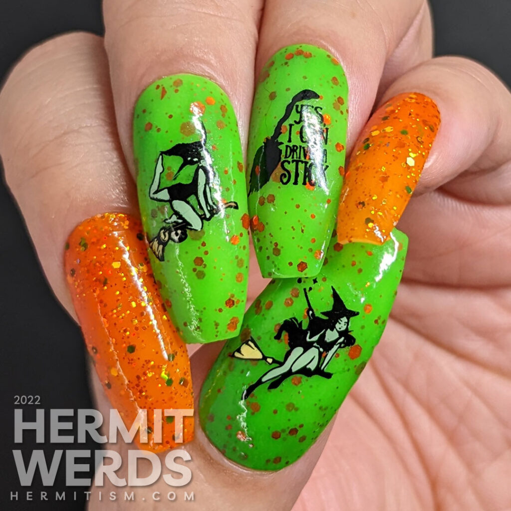 An orange & green Halloween nail art with stamping images of witches trick broom riding (their sticks) on a glow in the dark green polish.