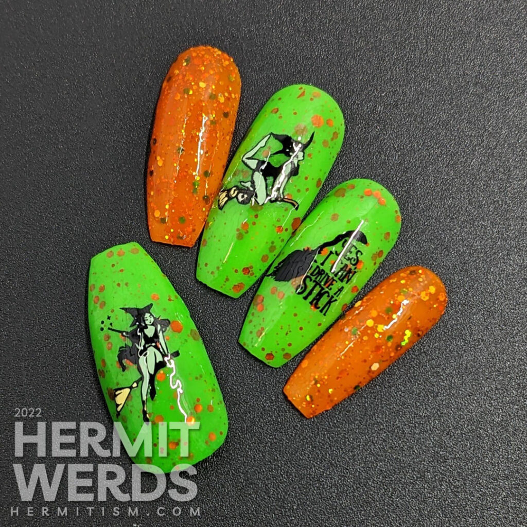 An orange & green Halloween nail art with stamping images of witches trick broom riding (their sticks) on a glow in the dark green polish.