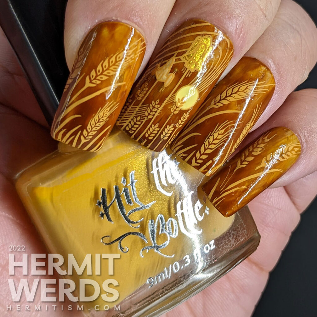 A super spicy mustard nail art for the Harvest Moon featuring stamping images of wheat grain and rockets flying past the moon.
