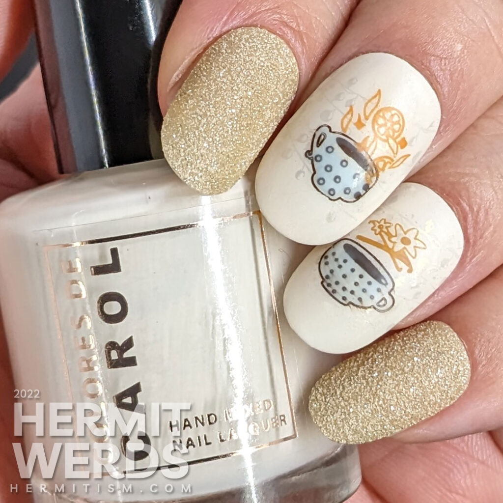 Happy International Tea Day! A soft tea nail art design in creamy colors featuring stamping decals of cute cups and different kinds of tea.