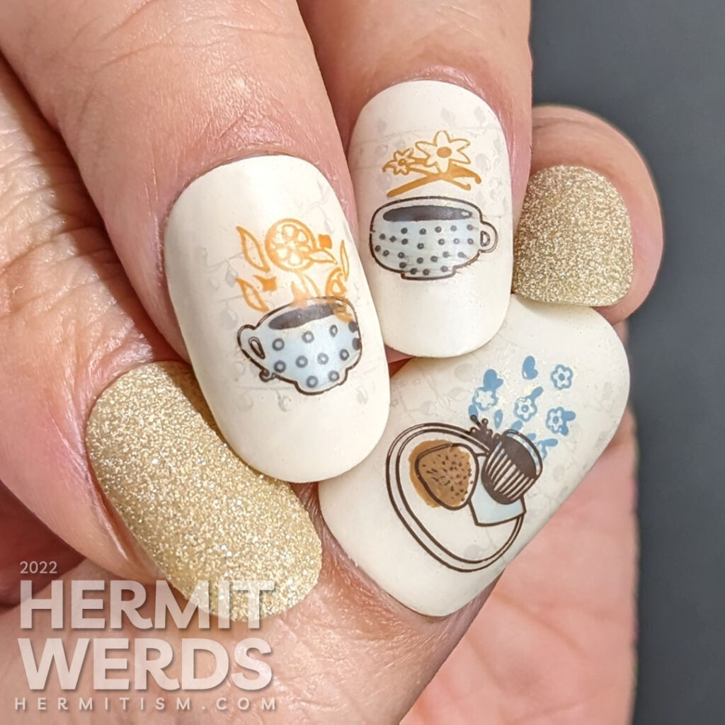 Happy International Tea Day! A soft tea nail art design in creamy colors featuring stamping decals of cute cups and different kinds of tea.