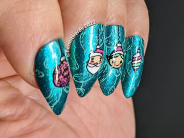 Glitzy teal Christmas ornament nail art with Christmas pickles stamped in the background and Santa, reindeer, elf stamping decal ornaments.
