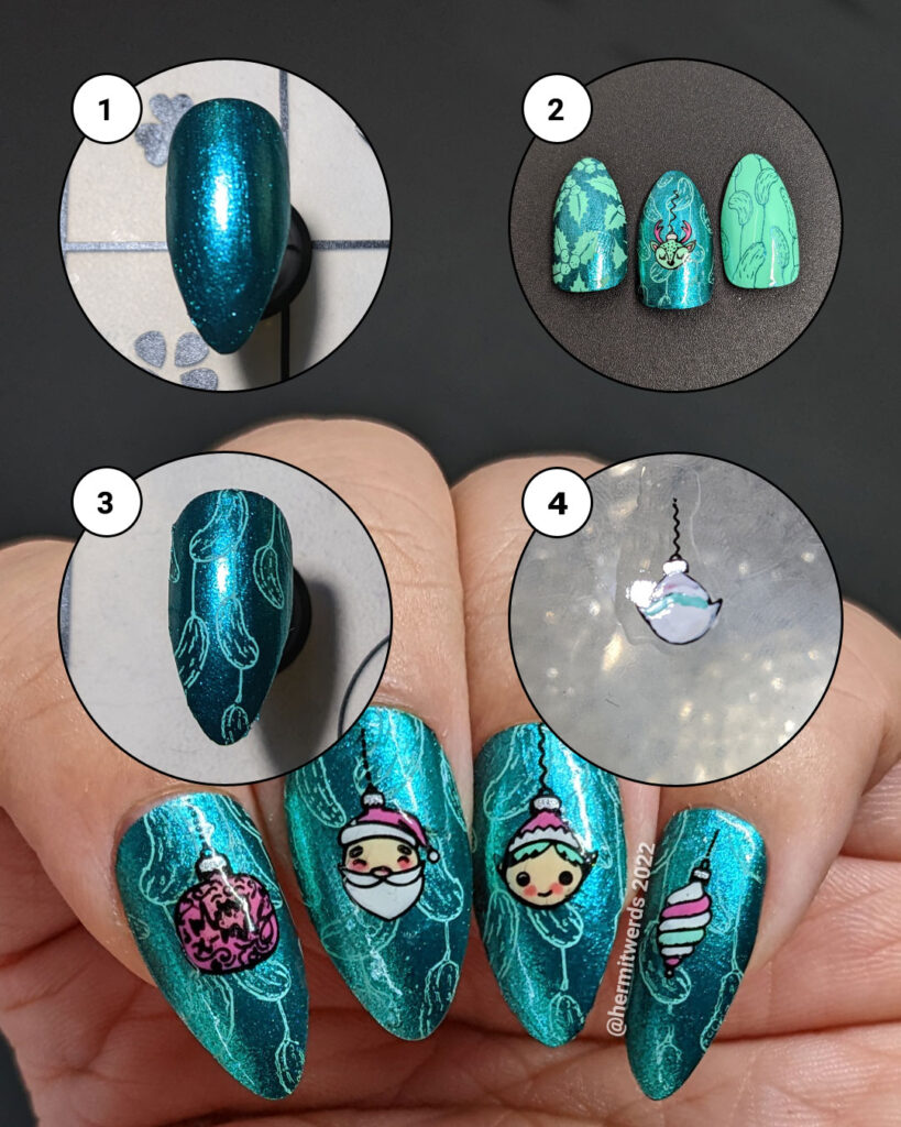 A mini tutorial for stamping a subtle background image that won't overwhelm stamping decals placed on top with a glitzy Christmas ornament mani.