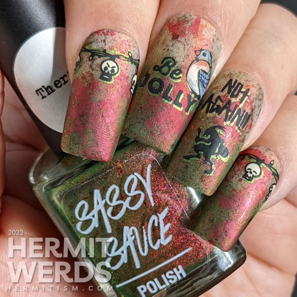 Krampus nail art on a red/green thermal polish with circles of plaid pattern and Halloween-esque things and rejection of jollyness.