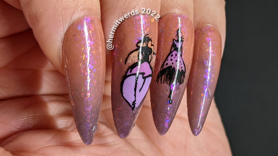 A high fashion runway nail art design featuring slick abstract runway models in dresses and an orange/purple thermal polish full of flakies.