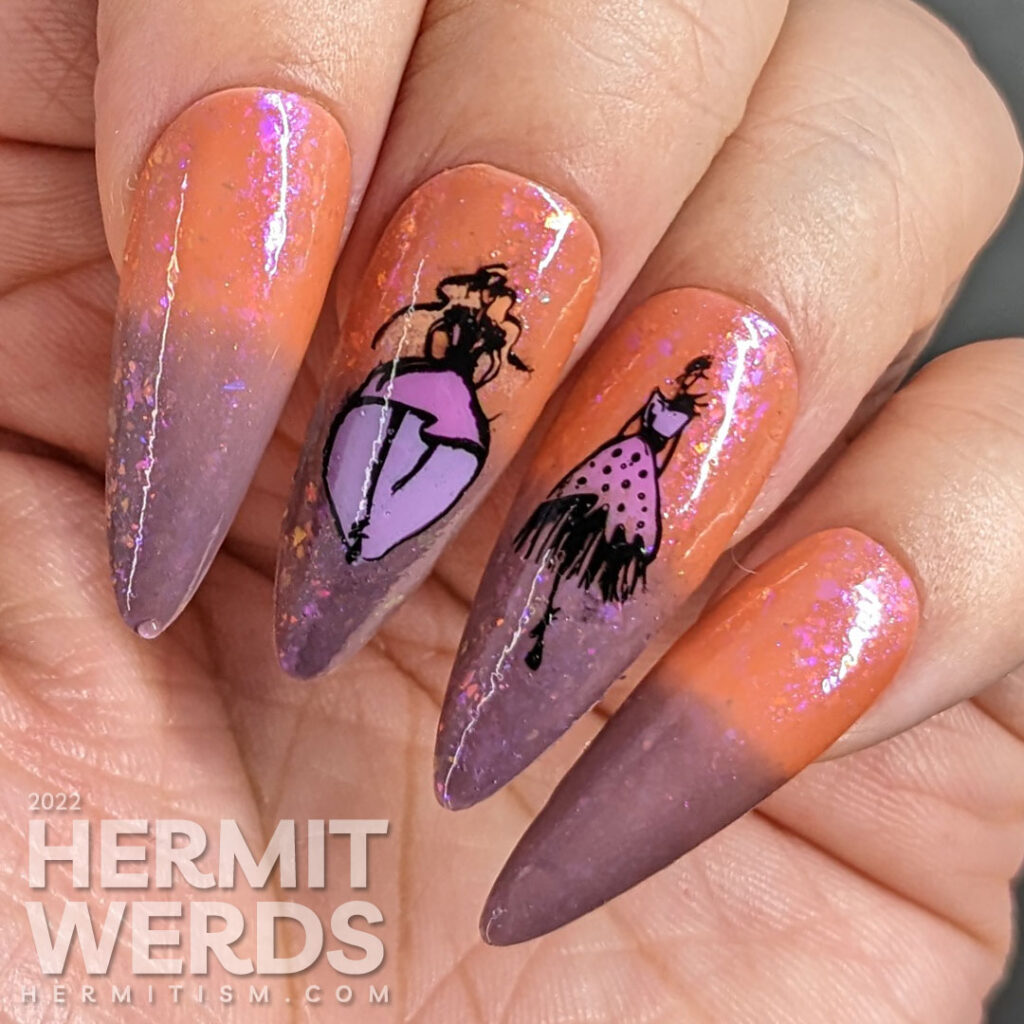 A high fashion runway nail art design featuring slick abstract runway models in dresses and an orange/purple thermal polish full of flakies.