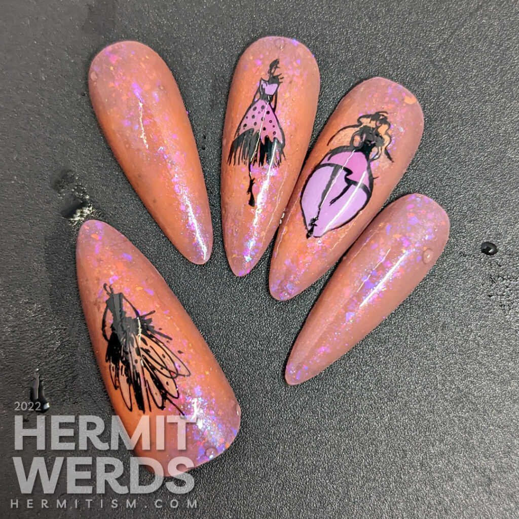 A high fashion runway nail art design featuring slick abstract runway models in dresses and an orange/purple thermal polish full of flakies.