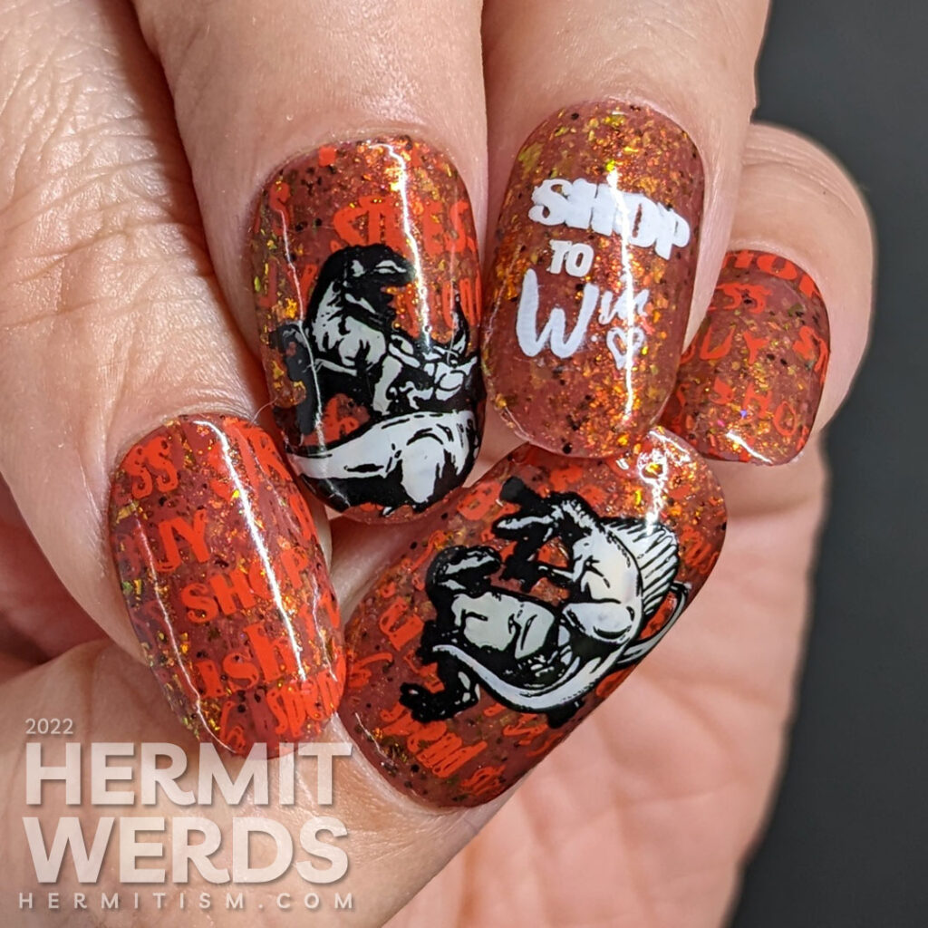 Dinosaur metaphor nail art about the stresses and pressures of Christmas shopping as the dinos battle it out on red backgrounds.