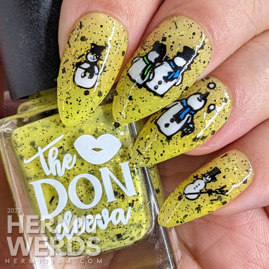 Snowman nail art with cute snowmen playing around (like juggling) and preparing for a trip to Hawaii on a bold yellow glittery background.