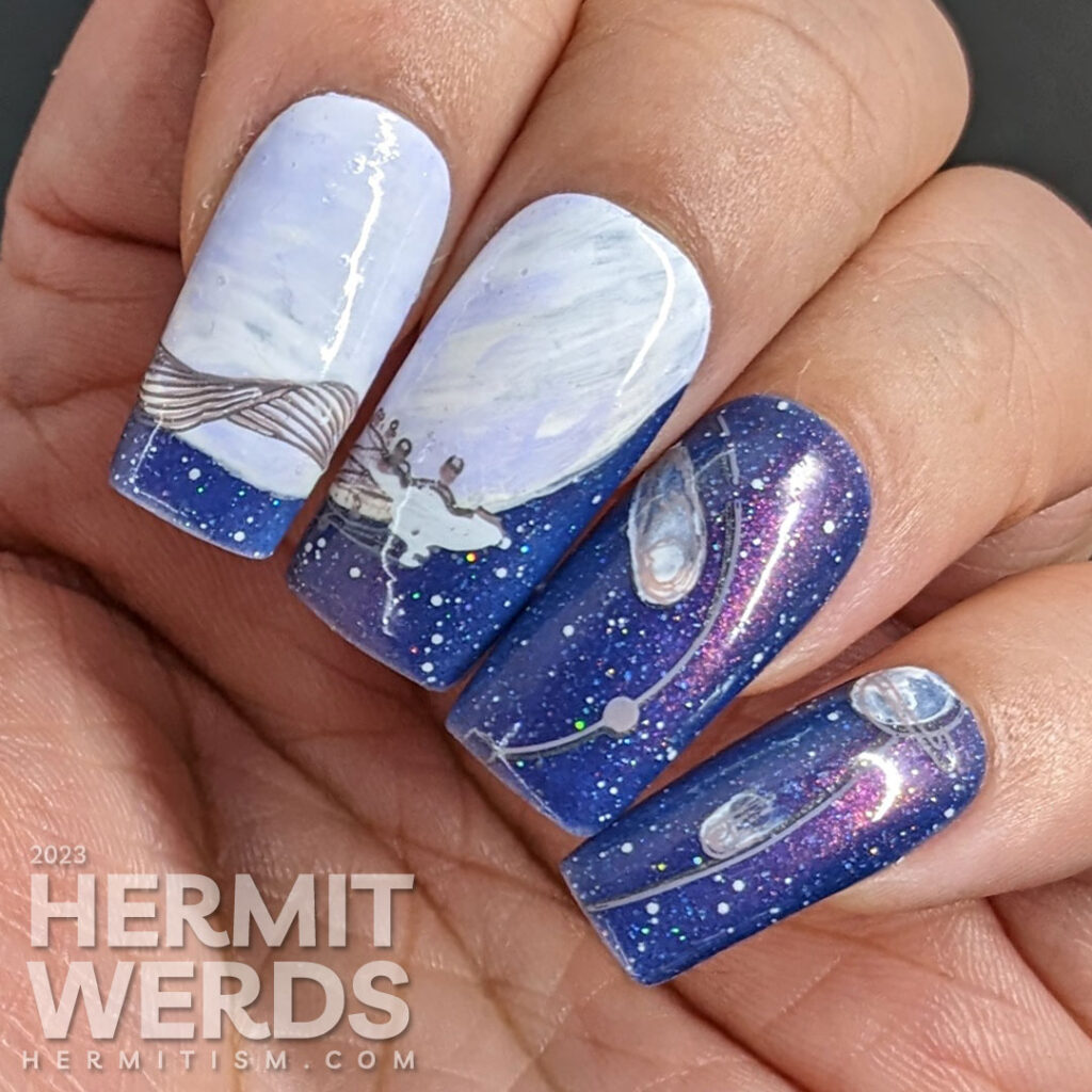 A blurple and shimmery Wolf Moon full moon mani featuring a wolf running past a giant moon into an outerspace filled with comets/satellites.