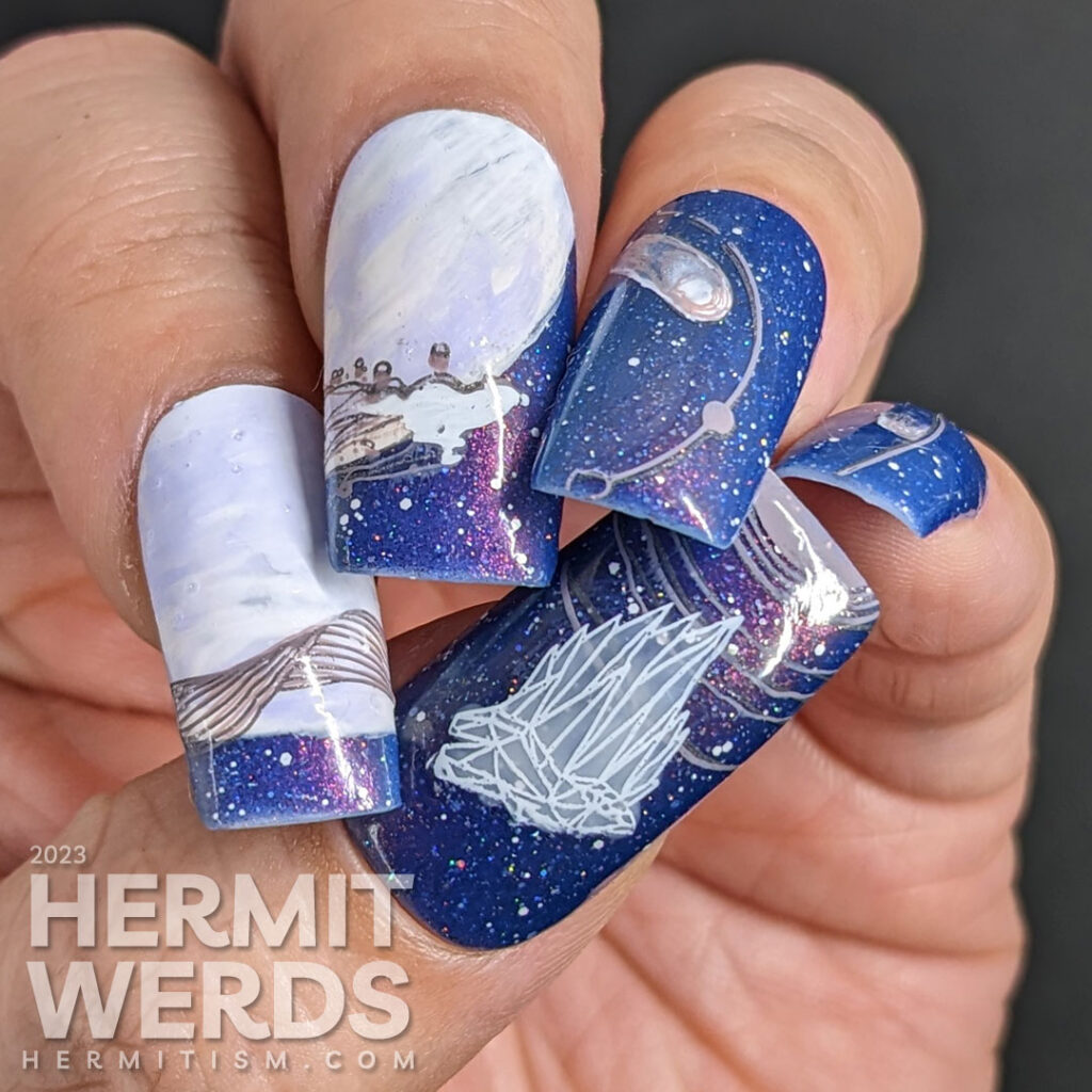 A blurple and shimmery Wolf Moon full moon mani featuring a wolf running past a giant moon into an outerspace filled with comets/satellites.