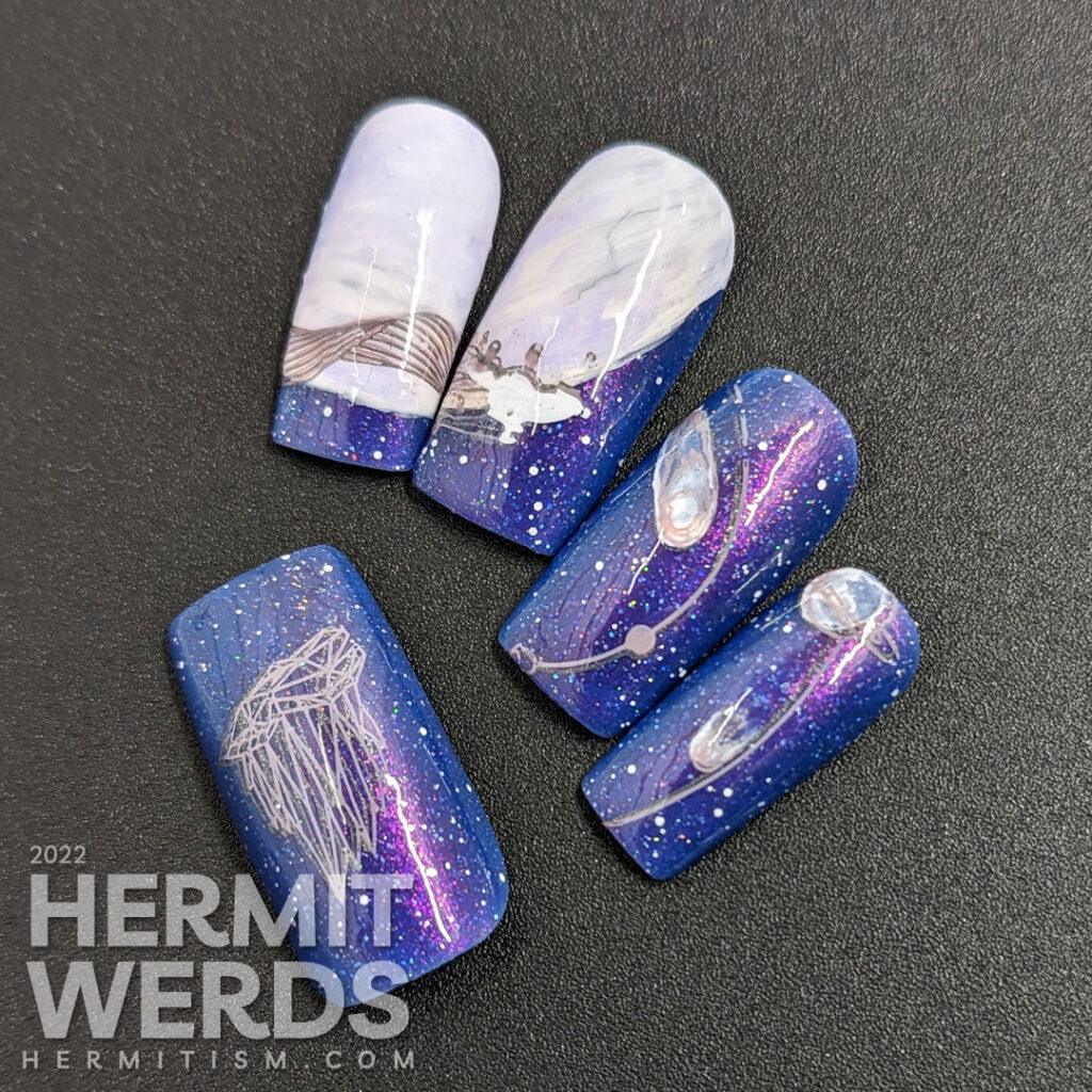 A blurple and shimmery Wolf Moon full moon mani featuring a wolf running past a giant moon into an outerspace filled with comets/satellites.