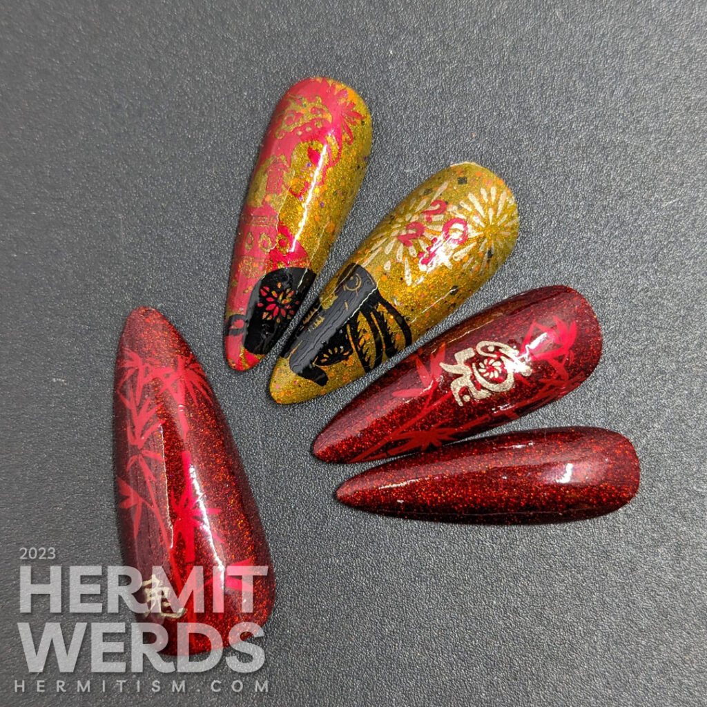 Chinese New Year nail art for the Year of the Rabbit with holographic red, deep mustard, gold, and black polish + rabbit cutouts and bamboo.