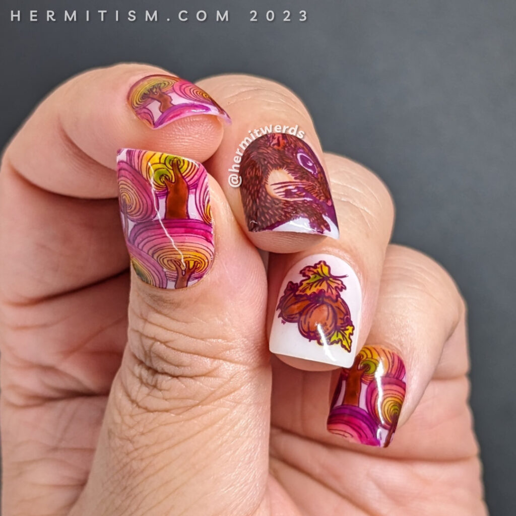 Squirrel nail art with reverse stamping a realistic squirrel and some walnuts and leaves but mostly a tree pattern in a fall rainbow.