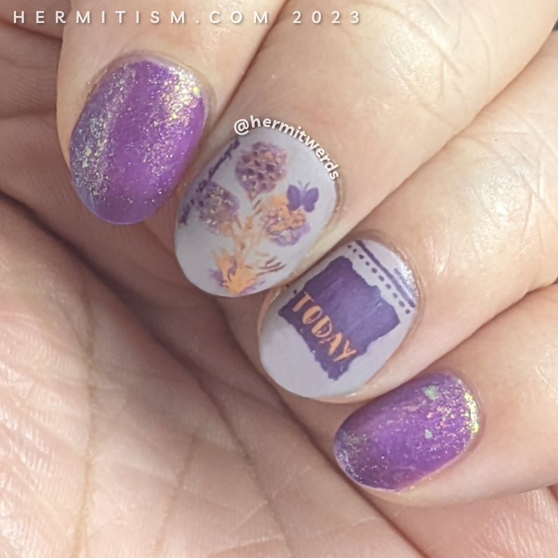 A simple floral nail art in purples and browns with flower and butterfly stamping decals and the word "today".
