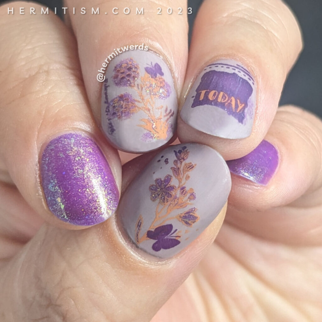 A simple floral nail art in purples and browns with flower and butterfly stamping decals and the word "today".