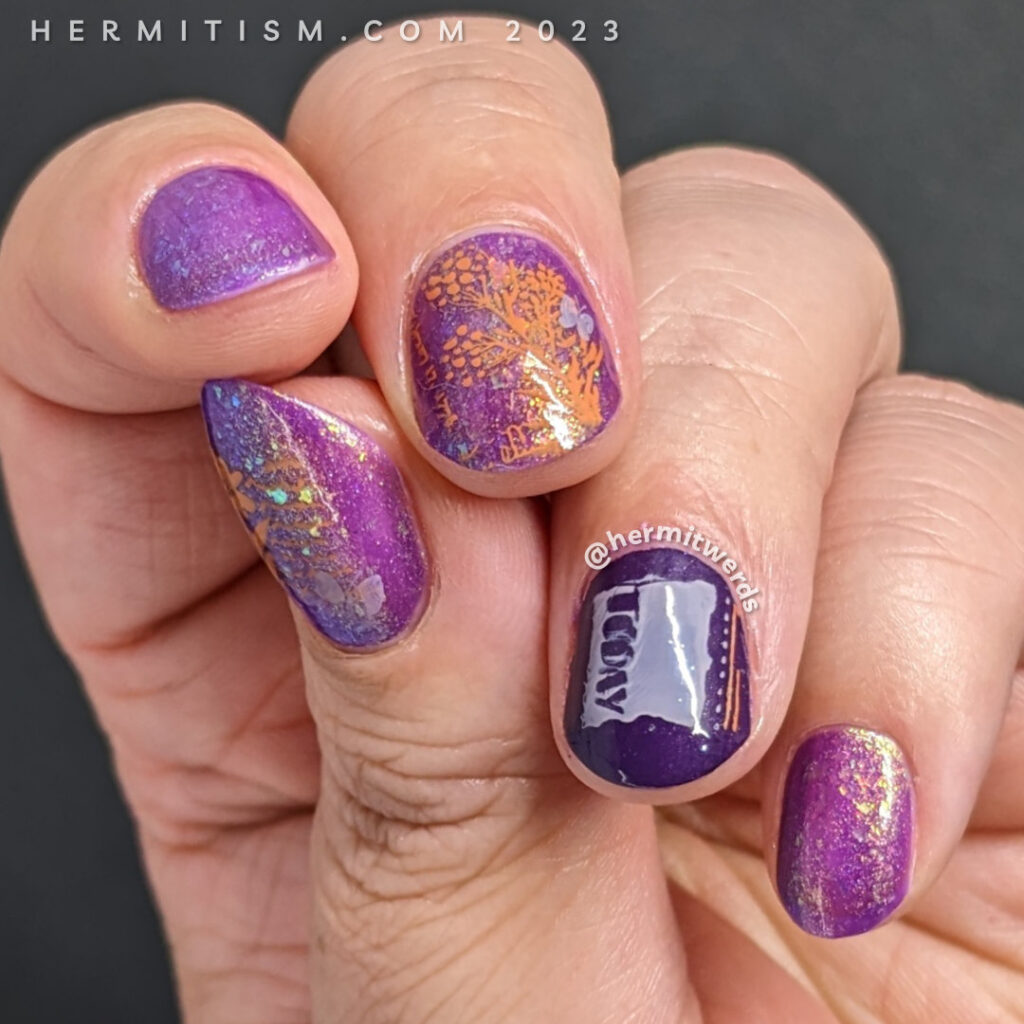A simple floral nail art in purples and browns with flower and butterfly stamping decals and the word "today".