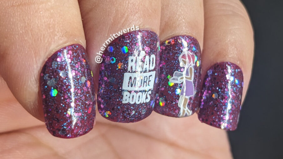 Back to school nail art of a girl reading a book on a glittery purple jelly sandwich background and more book stamping images.